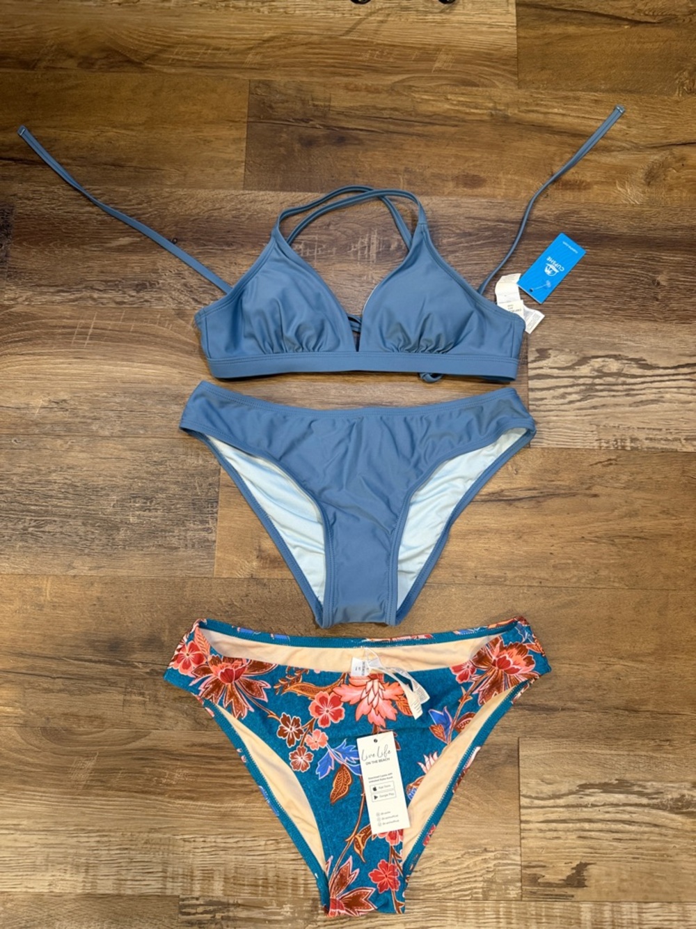 Cupshe Blue Solid Triangle Bikini Top with Teal Floral Bikini Bottom
